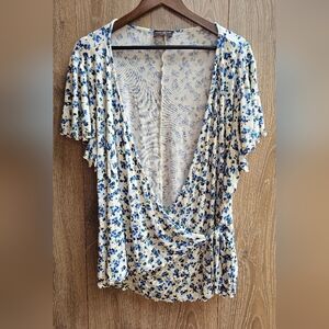 Lane Bryant Cream and Blue Floral Wrap Blouse